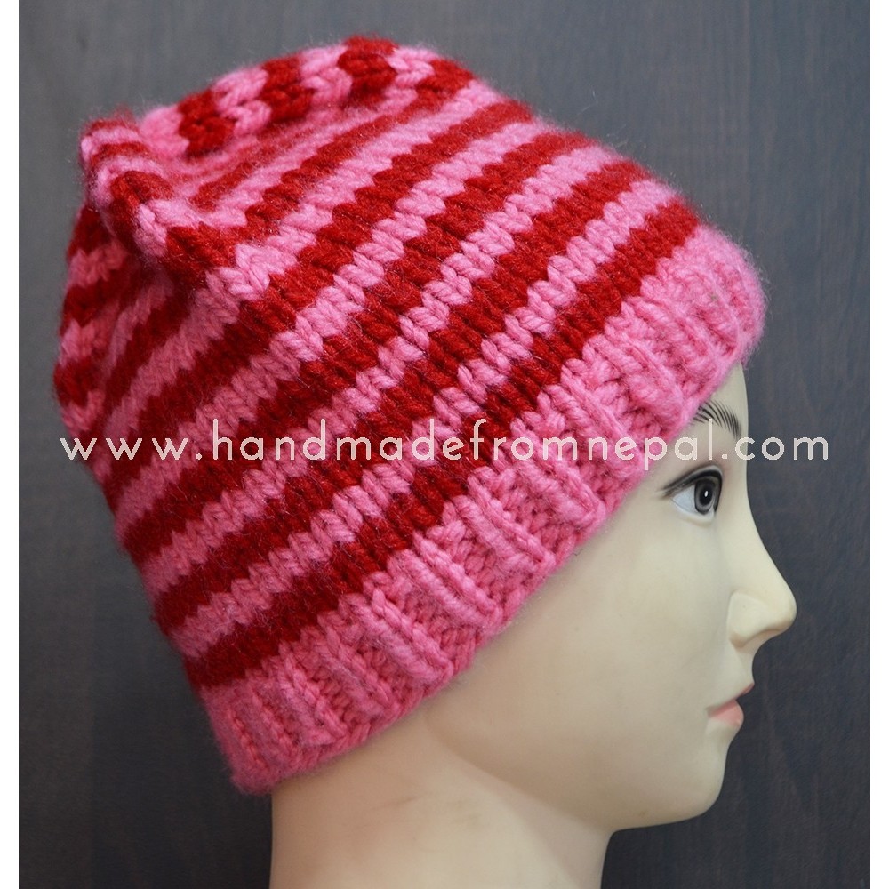 Hand knit pink beanie hat Gradient wool hat